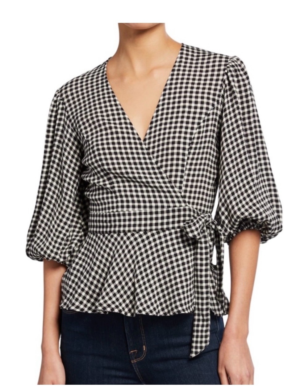 Ganni Black White Gingham Wrap Peplum Top Balloon Sleeve Women's Size 38 Us 10